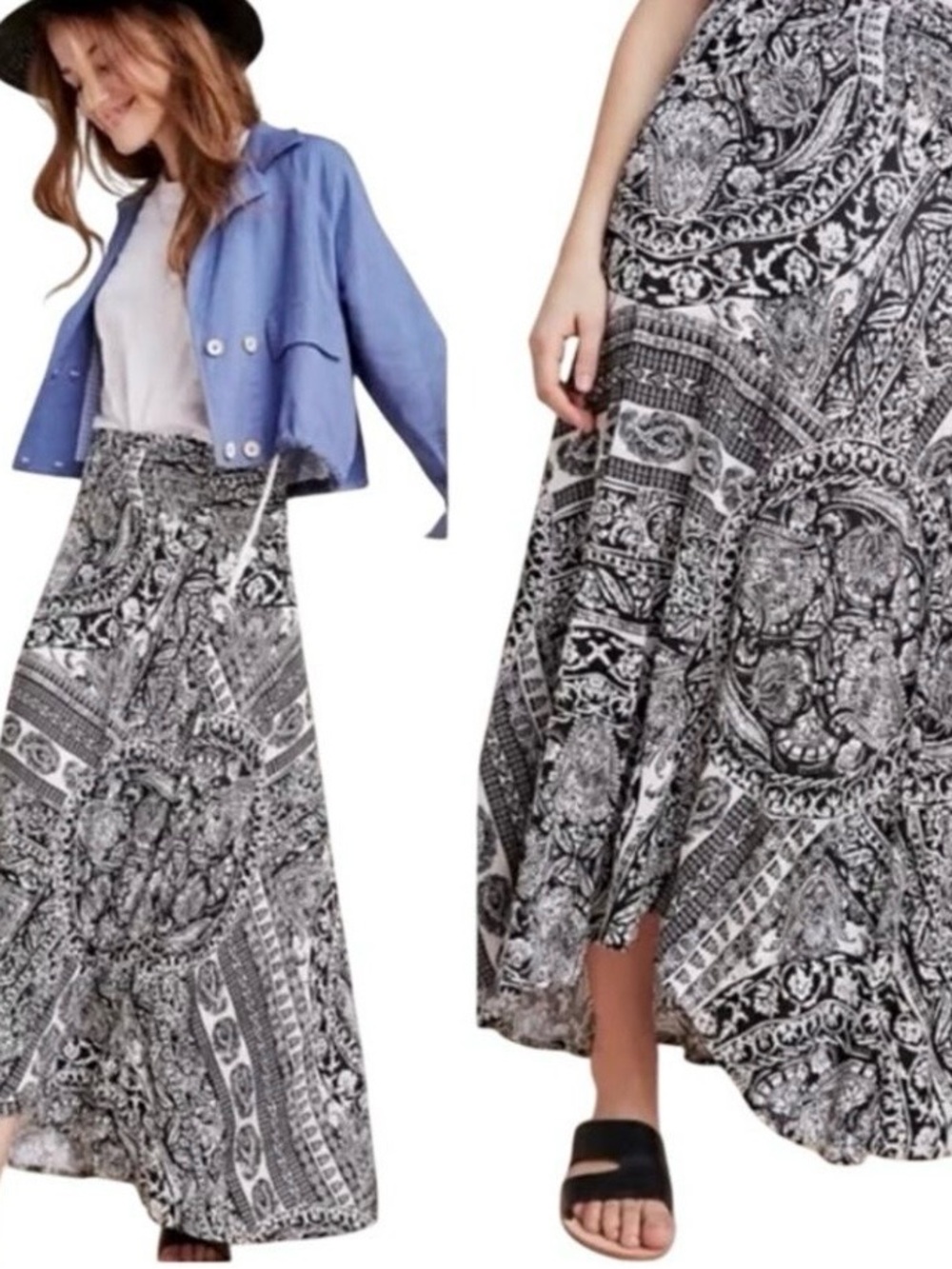 Maeve Anthropologie Issa Black White Maxi Skirt Large Medallion Print Artsy Boho